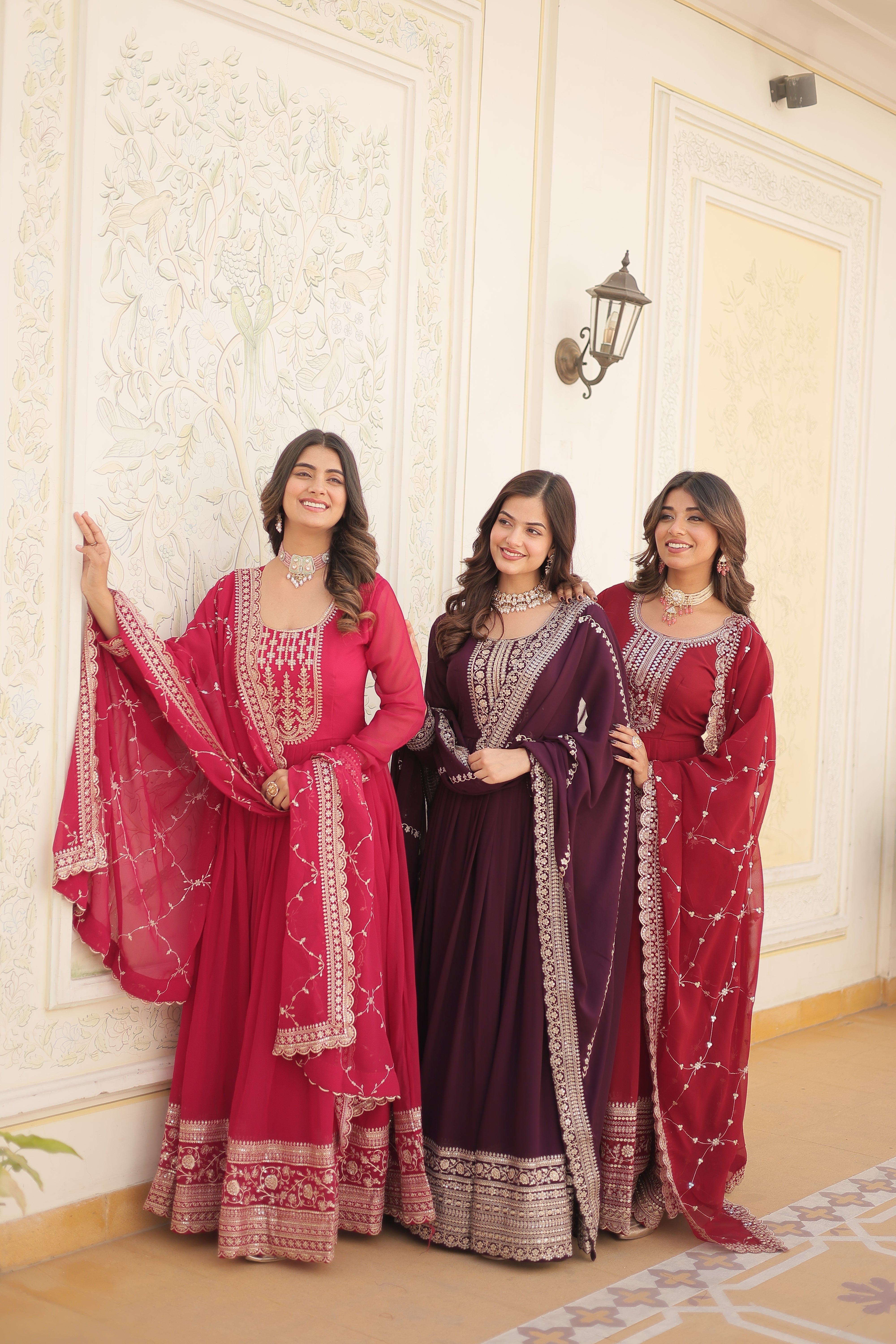 Maroon Faux Blooming Gown With Embroidered Dupatta