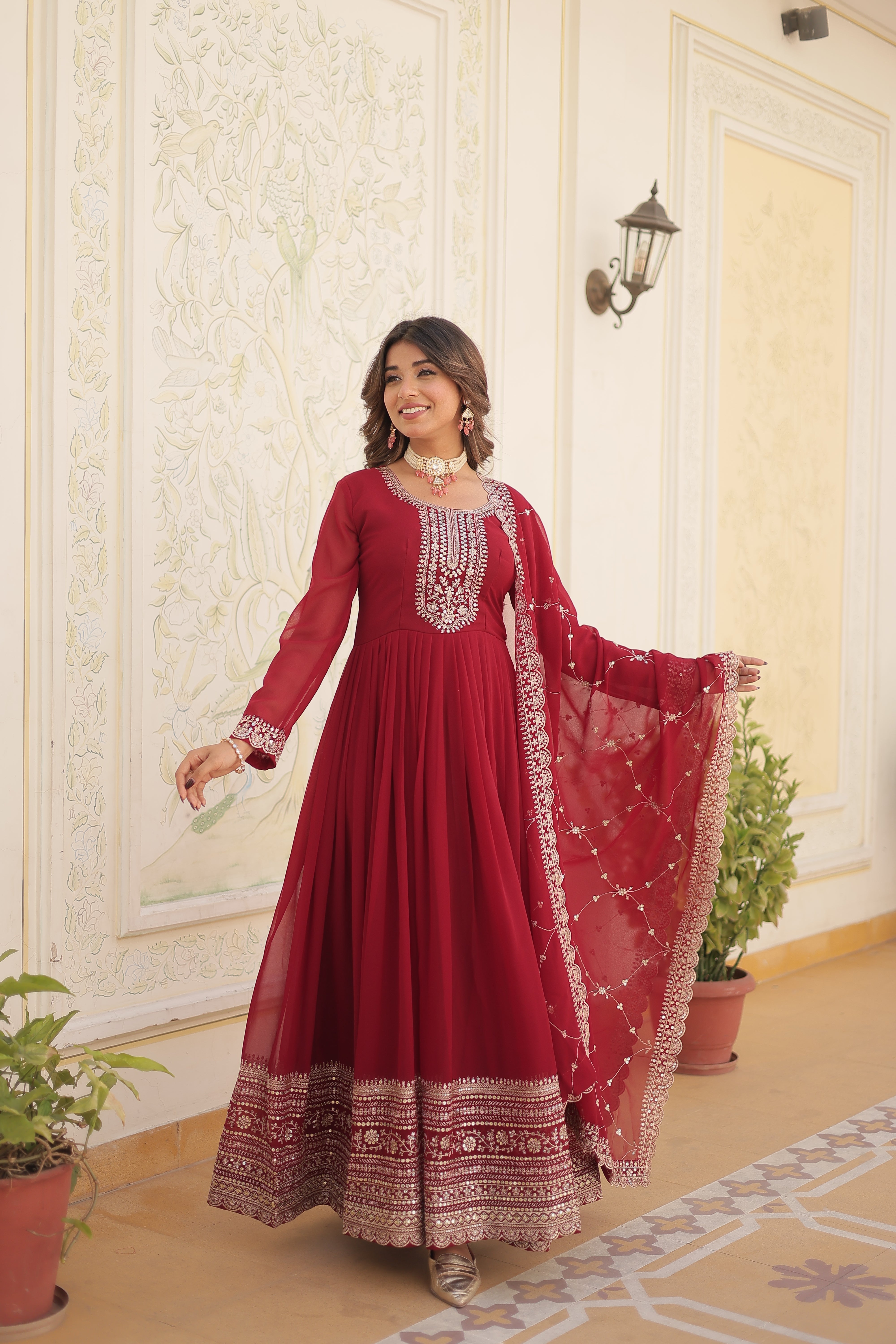 Maroon Faux Blooming Gown With Embroidered Dupatta