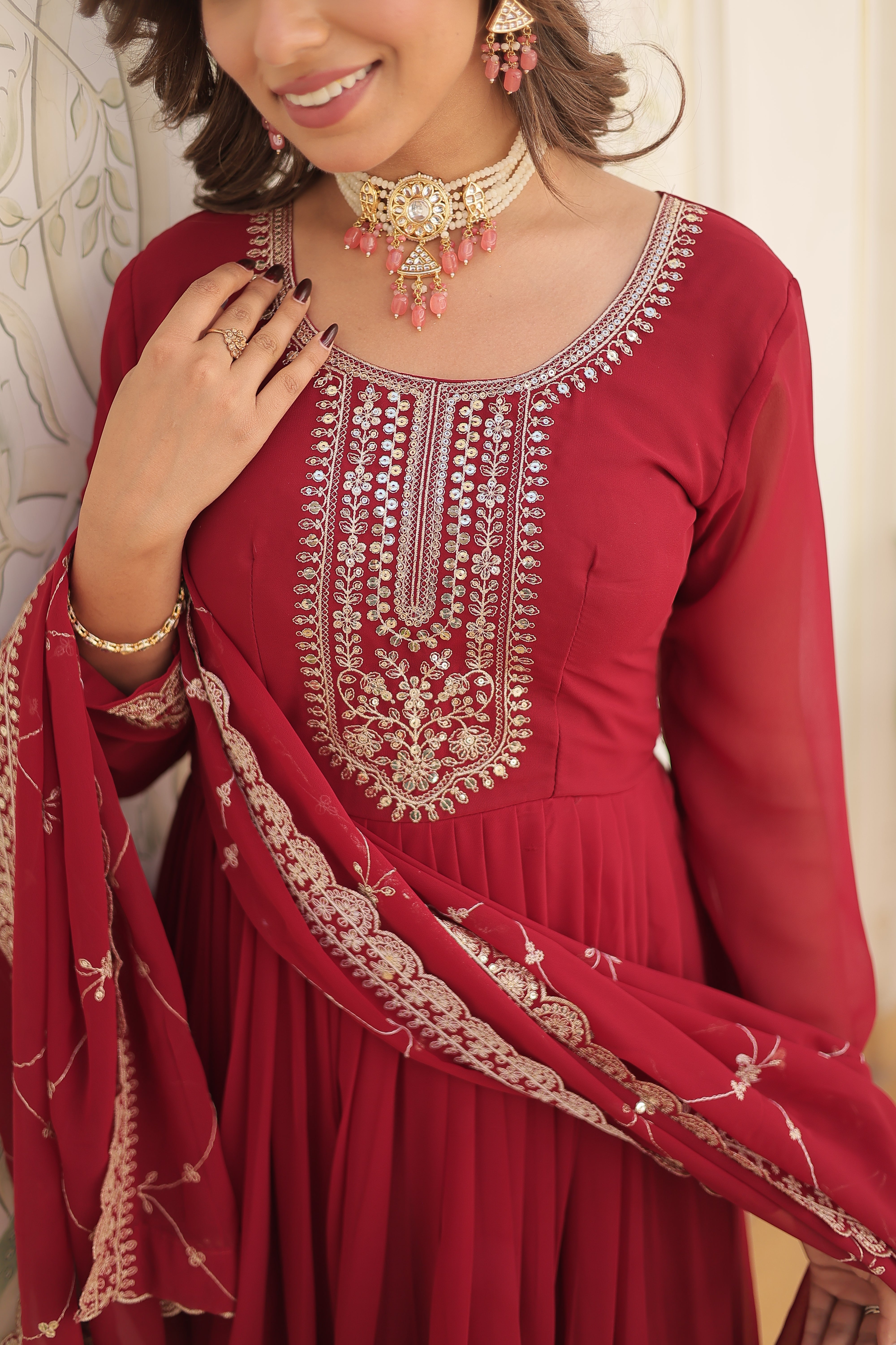 Maroon Faux Blooming Gown With Embroidered Dupatta