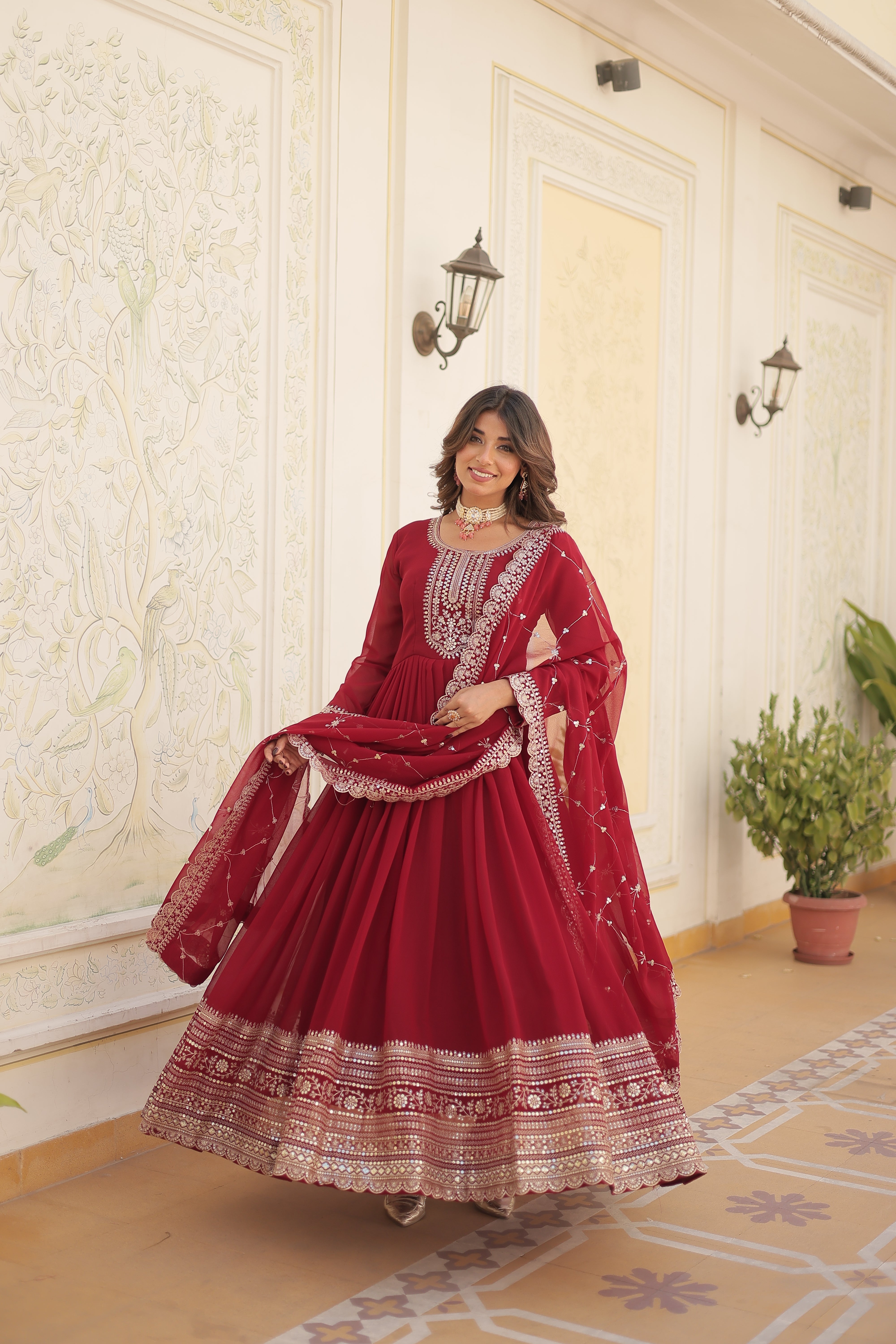 Maroon Faux Blooming Gown With Embroidered Dupatta