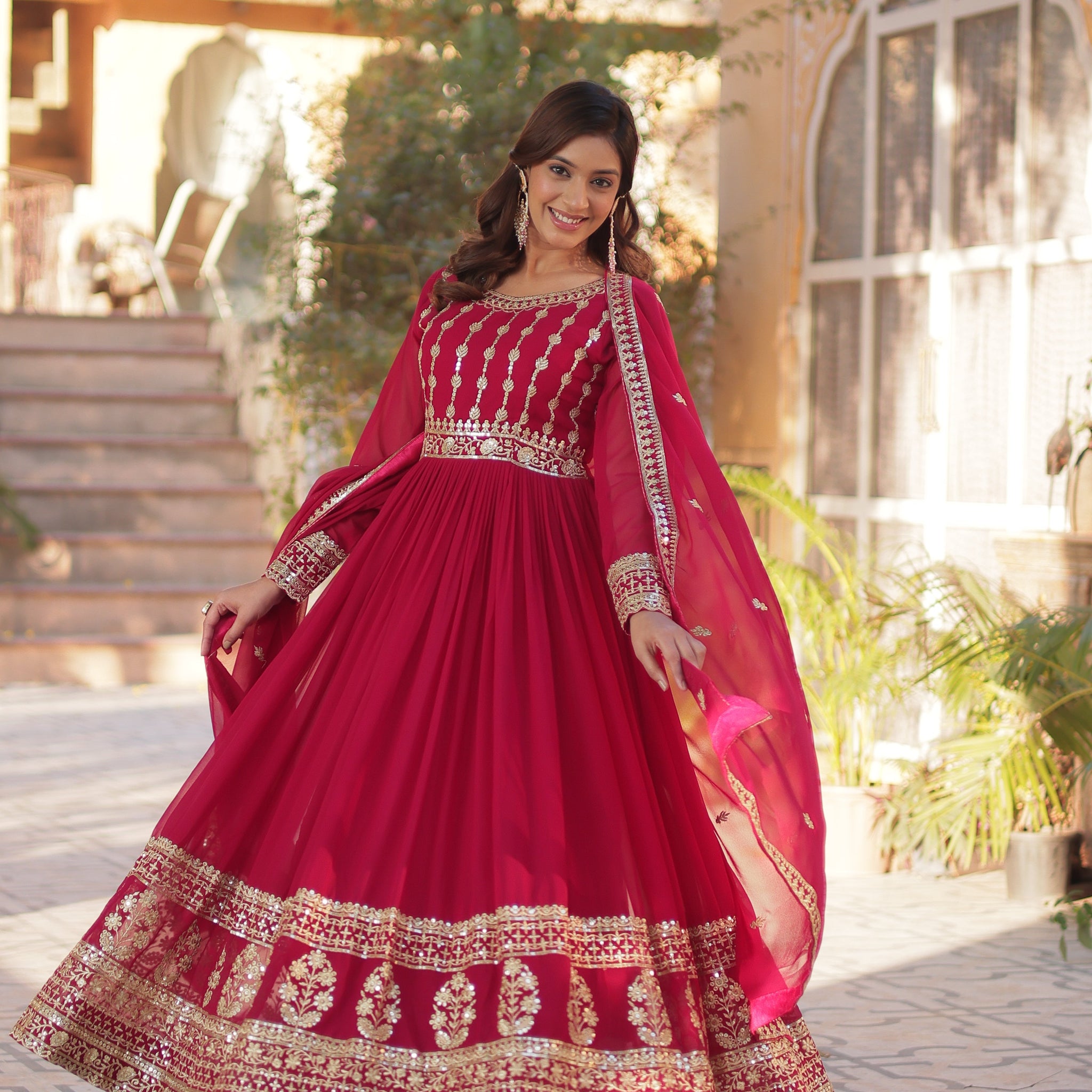 Faux Blooming Gown with Embroidery Dupatta