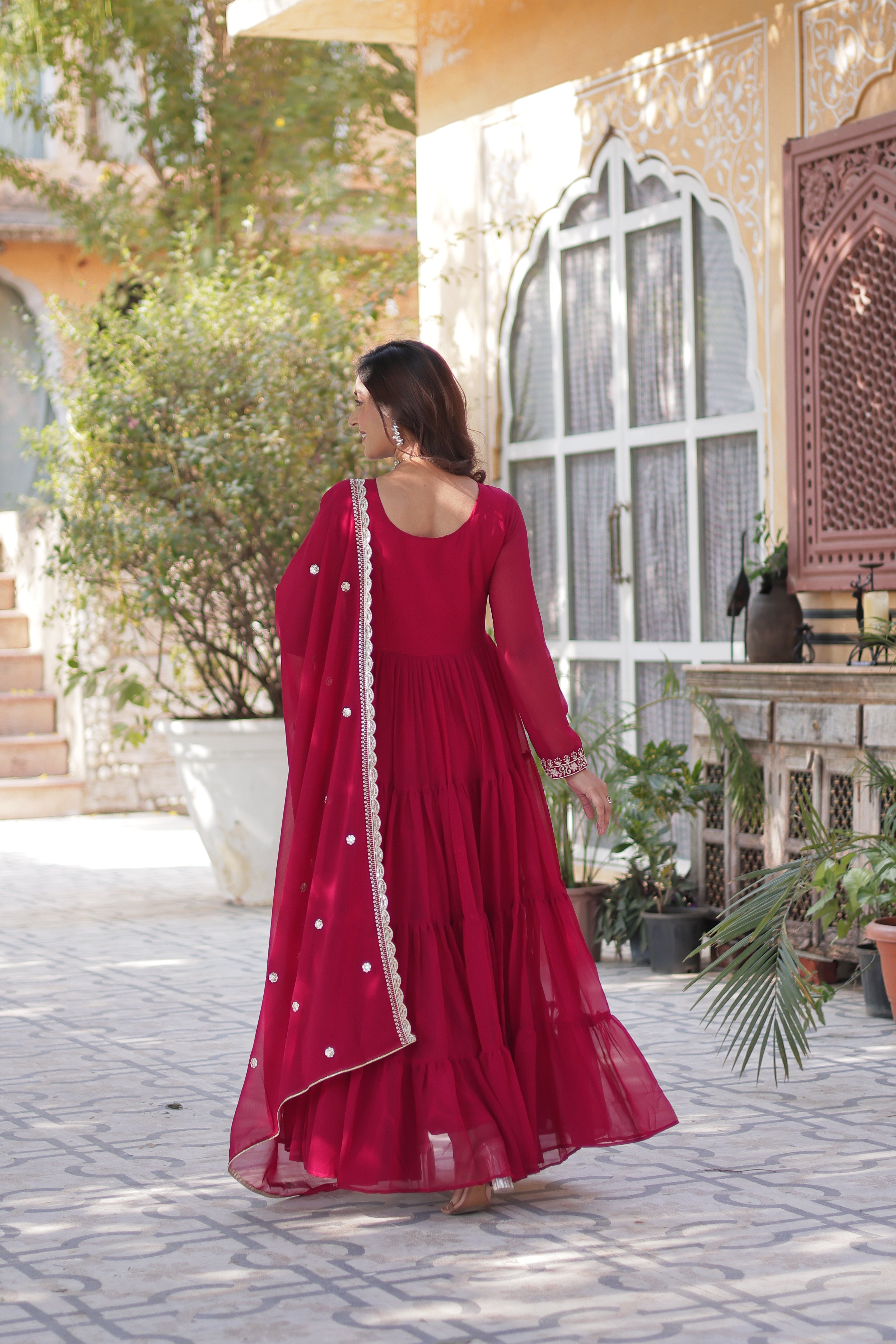 Faux Blooming Georgette Gown With Embroidered Dupatta