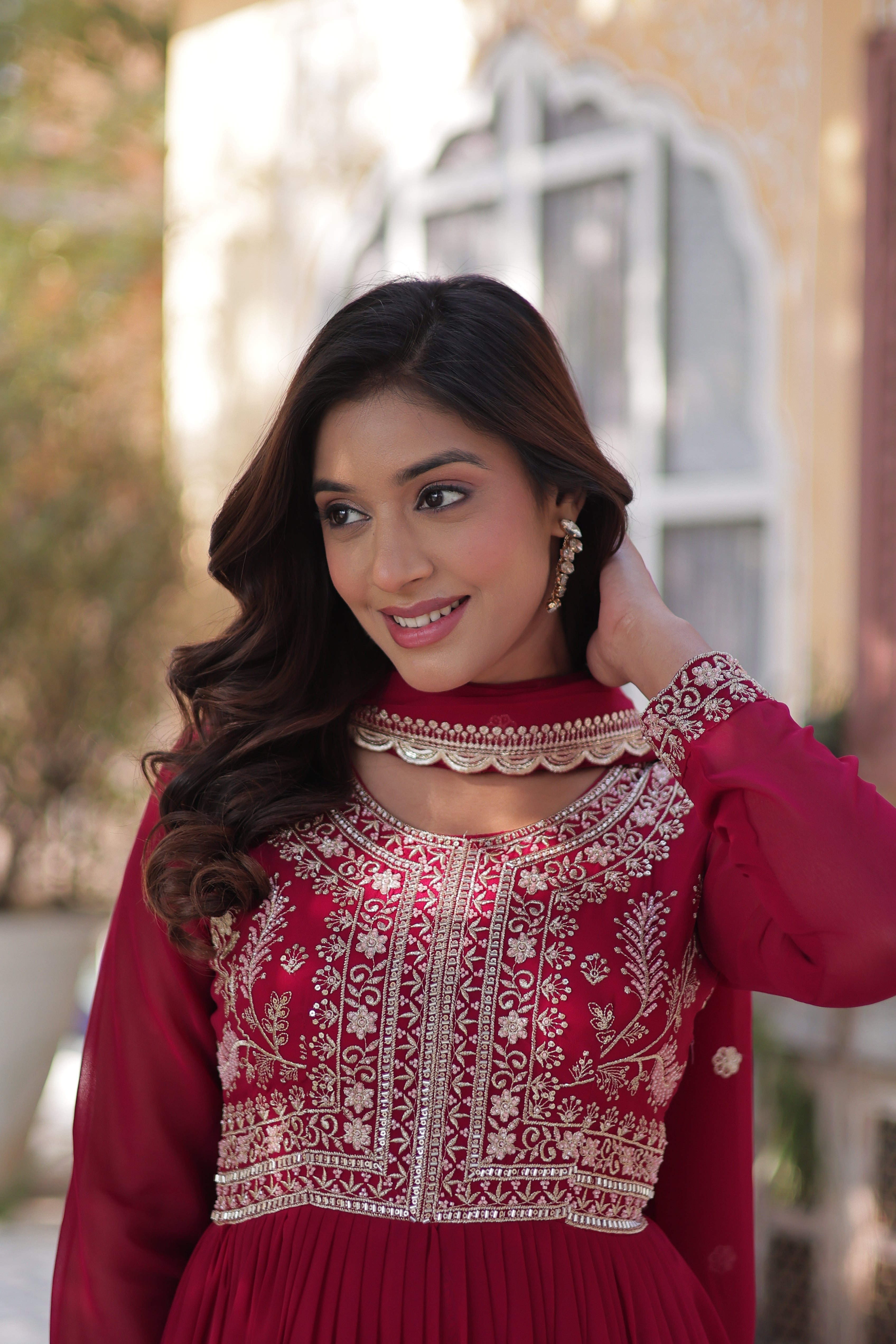 Faux Blooming Georgette Gown With Embroidered Dupatta