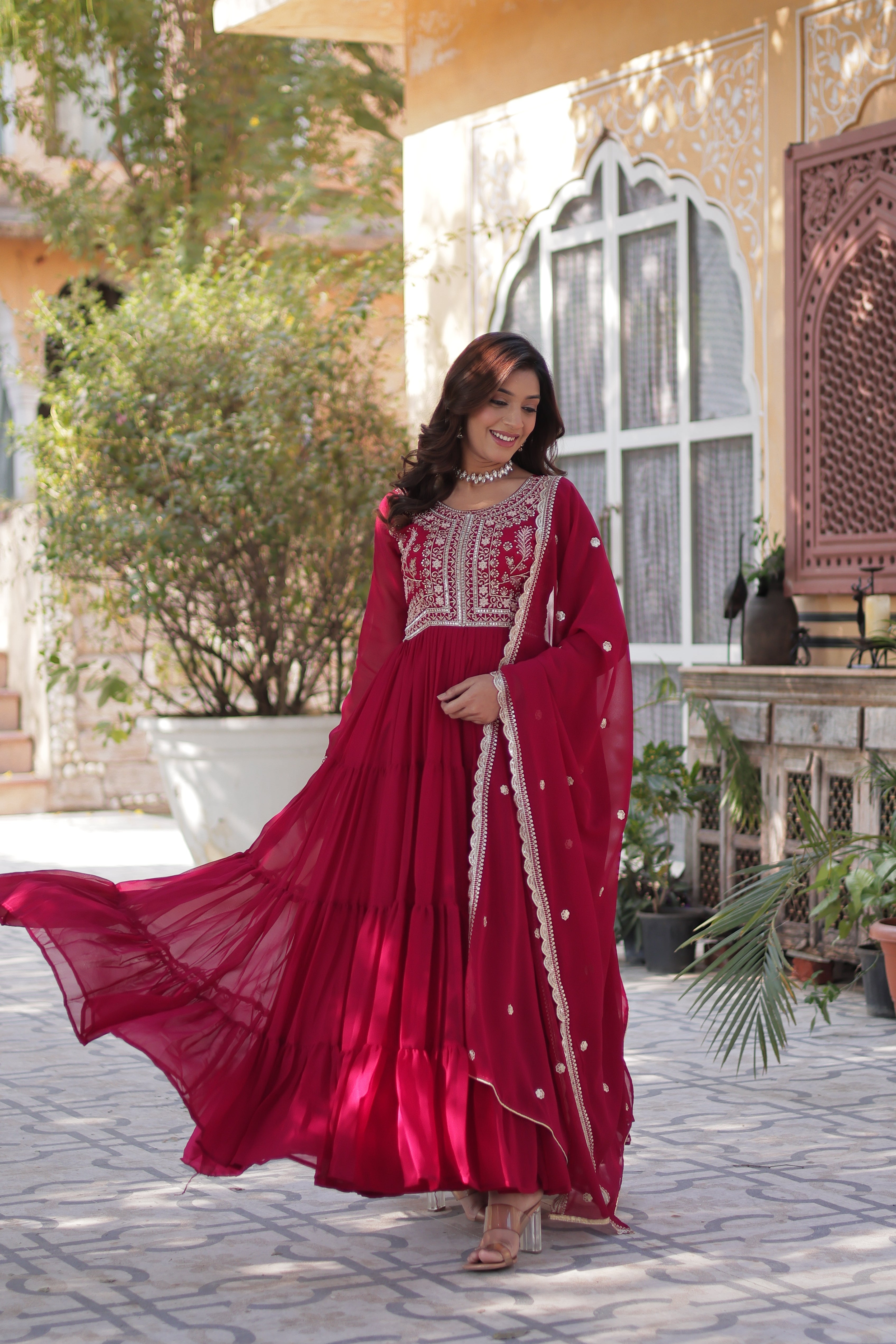 Faux Blooming Georgette Gown With Embroidered Dupatta