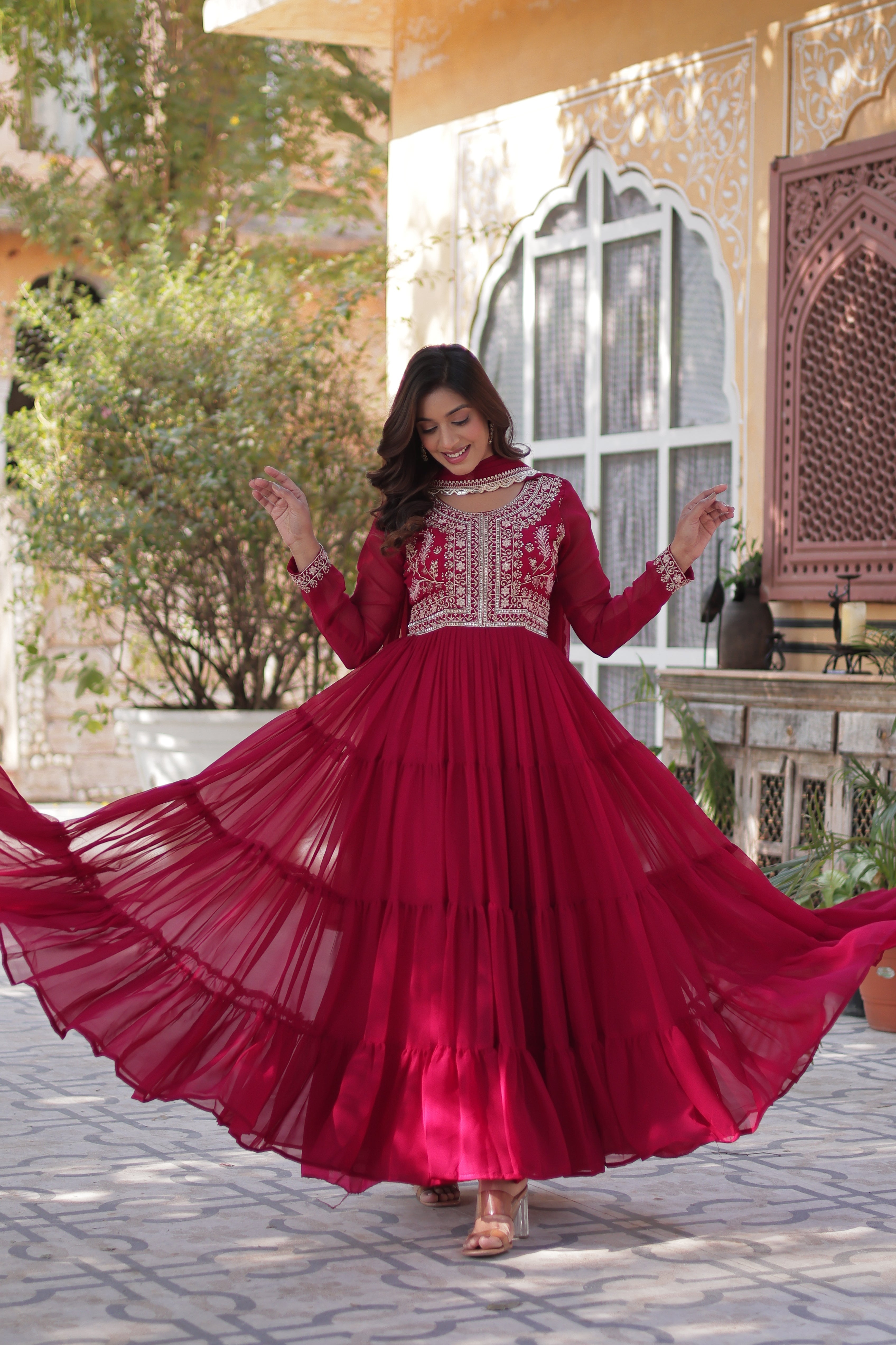 Faux Blooming Georgette Gown With Embroidered Dupatta