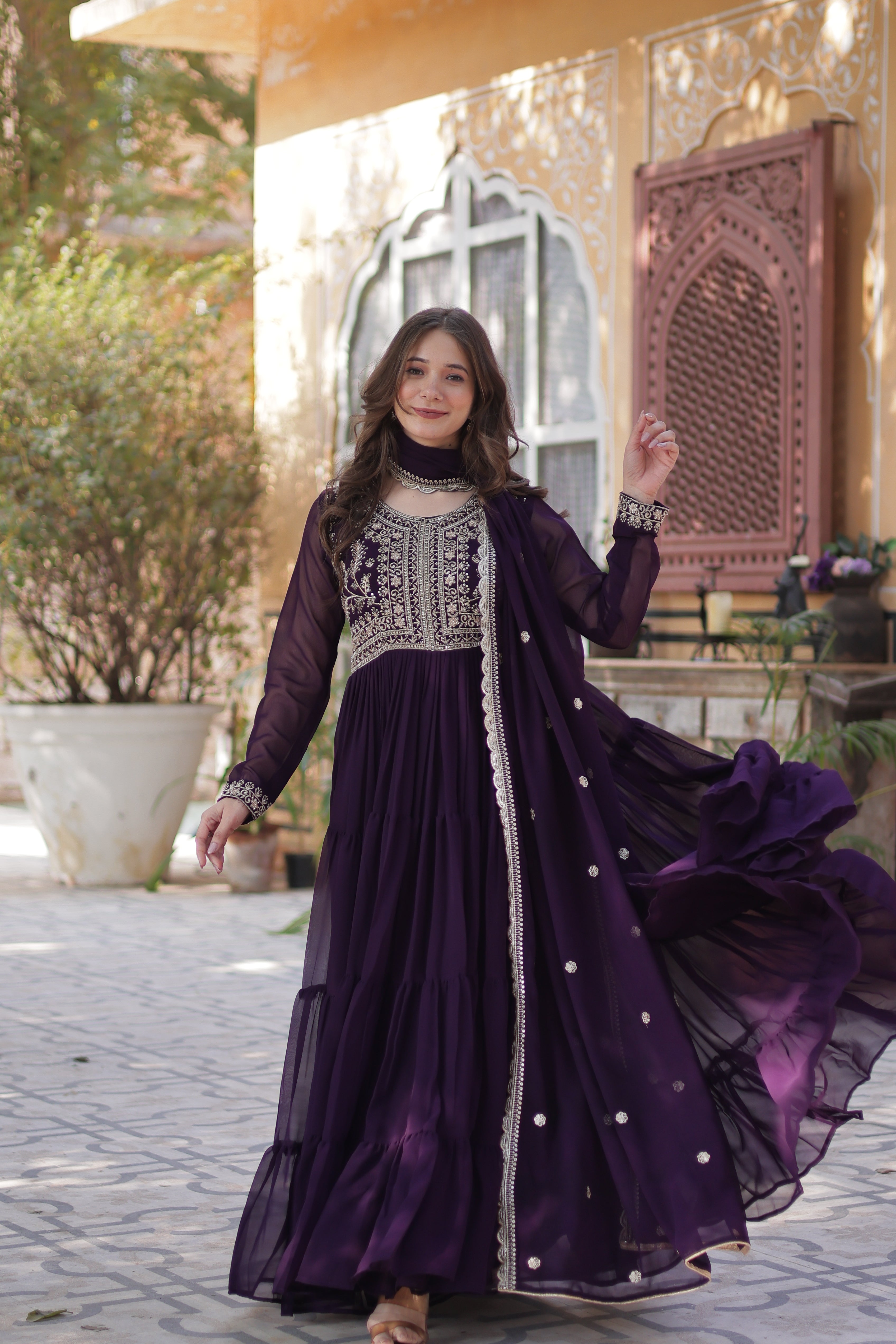 Faux Blooming Georgette Gown With Embroidered Dupatta