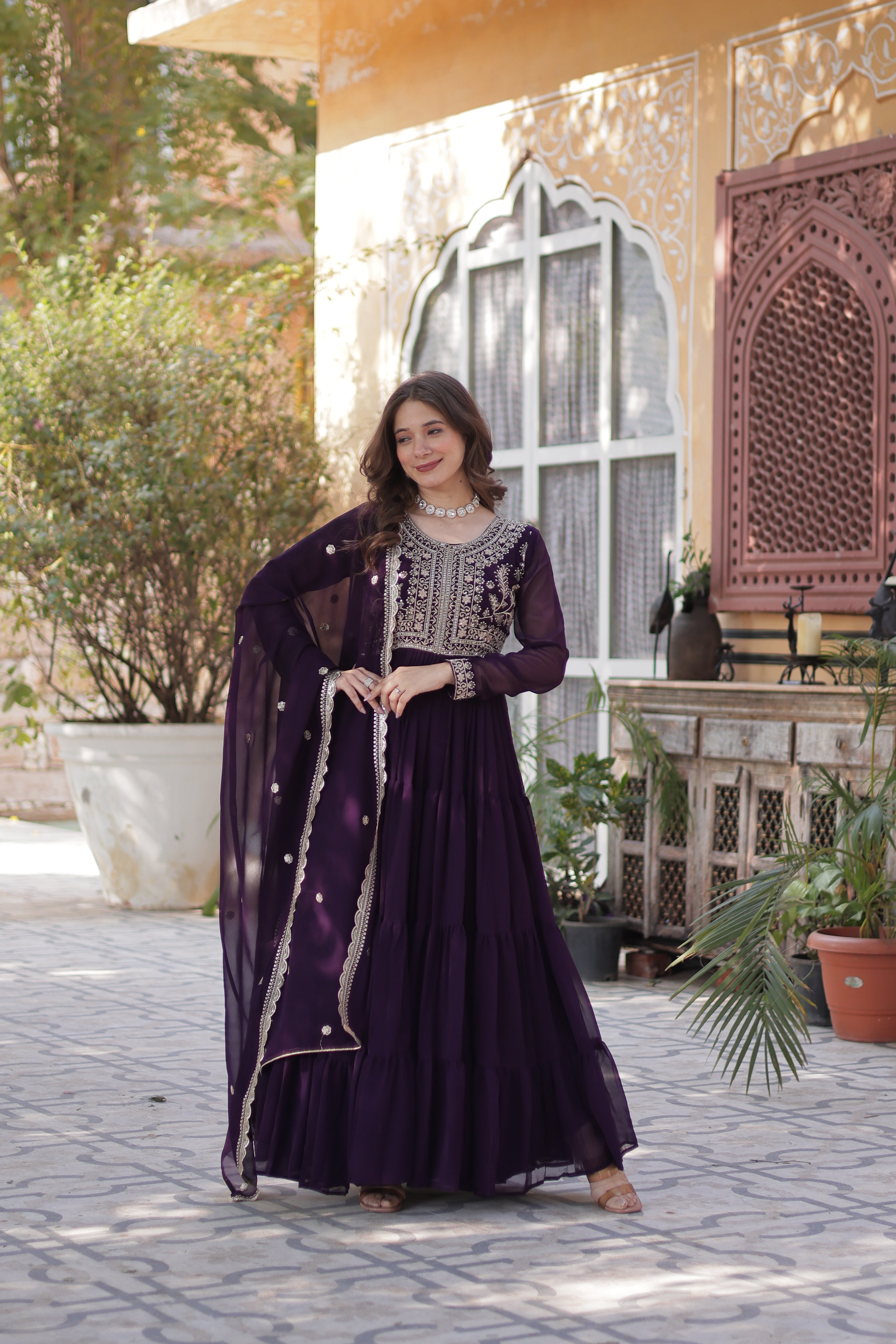 Faux Blooming Georgette Gown With Embroidered Dupatta