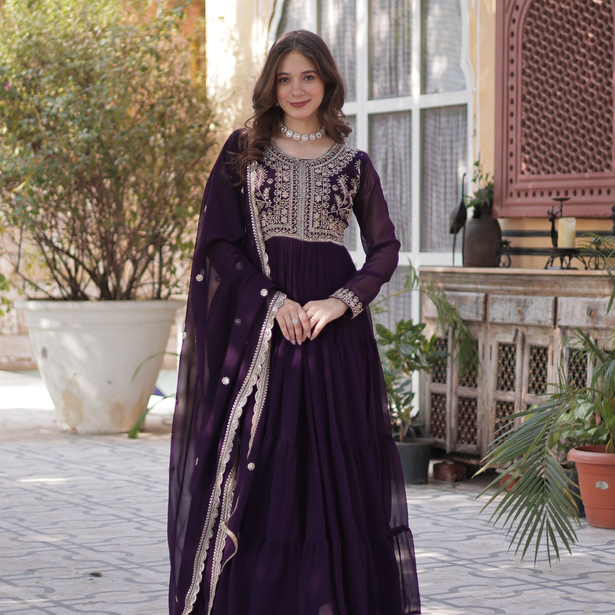 Faux Blooming Georgette Gown With Embroidered Dupatta