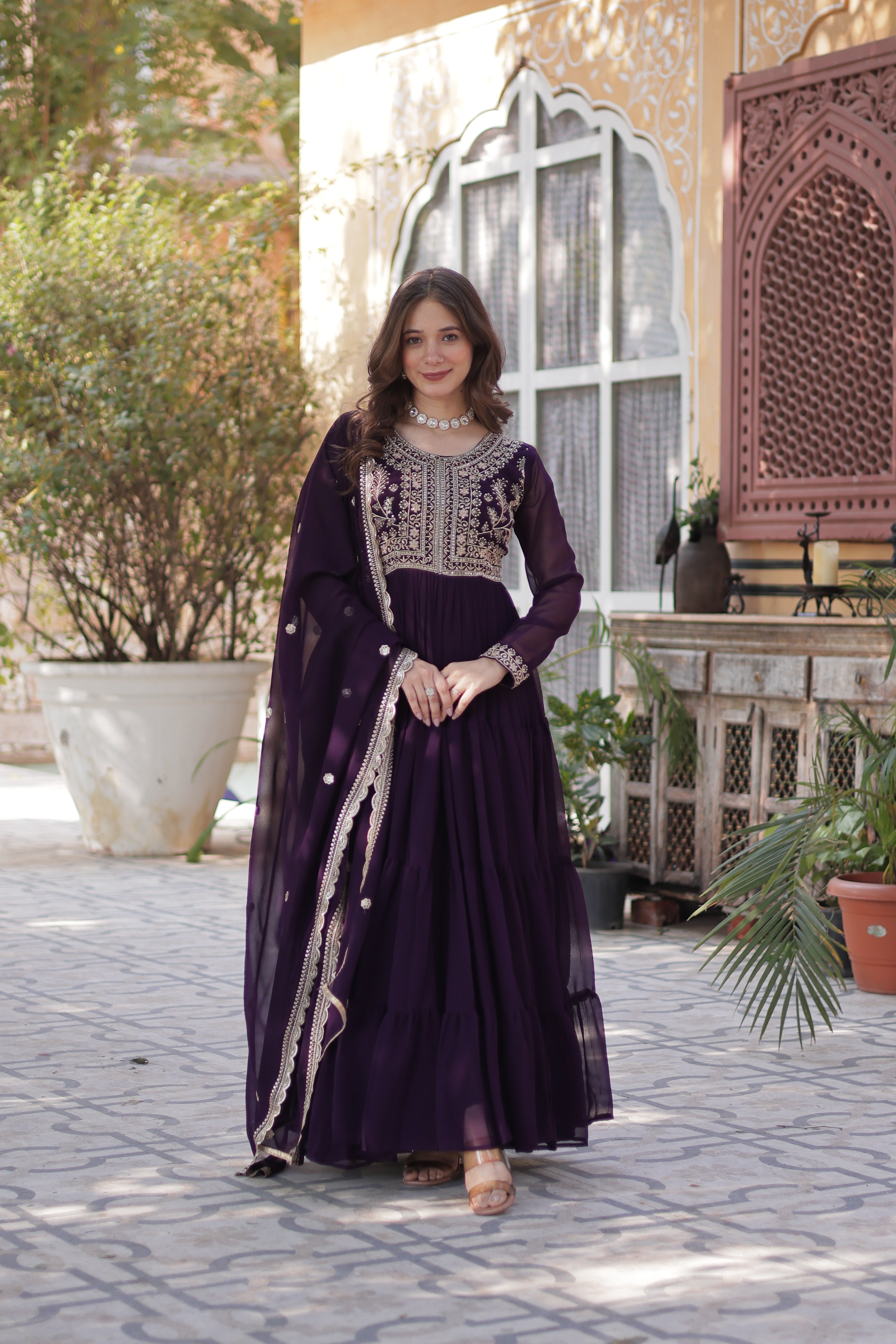 Faux Blooming Georgette Gown With Embroidered Dupatta